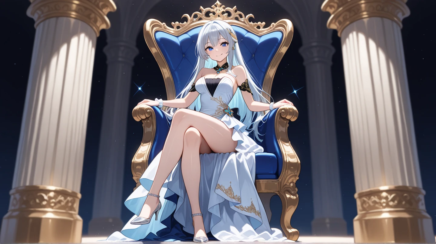 ((masterpiece)),((best quality)),ultra-detailed,illustratio,Explicit,Beautiful body,Beautiful Nose,Beautiful character design,perfect eyes,perfect face,wallpaper,ultra highres,4K,photography,(Beautiful breasts),(beautiful face),(beautiful legs, perfect legs),shiny skin,anime screencap,official style,BREAK,1girl,queen,38 years old,grey long hair,crown,wearing luxurious long off-shoulder dress,have deluxe scepter, BREAK,smile,sitting luxurious throne,BREAK, in Royal Palace,looking at viewer,((full body)),from forward