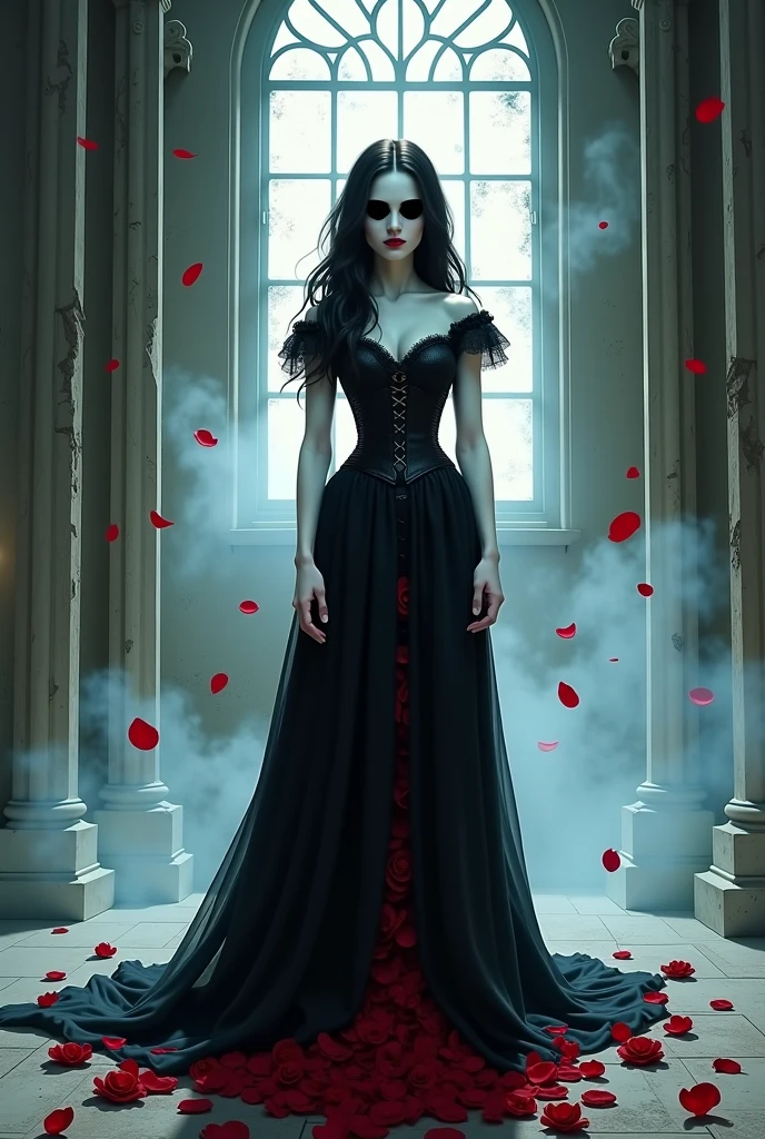 Dark fantasy art, fantasy art, goth art, a picture of a female vampire, exquisite beauty, full body shot, dark glamour shot, pale white skin, dark blond hair, long hair, wavy hair, (glowing grey: 1.3) eyes, she wears a (white lace dress: 1.3) exquisite, beautiful, half sheer dress, ((white lace: 1.5)) dress (intense details, Masterpiece, best quality: 1.5), ArmoredDress, the roses are imprinted on the dress (black: 1.4) black roses betmd, high heells, dark castle porchm, dark, black and color