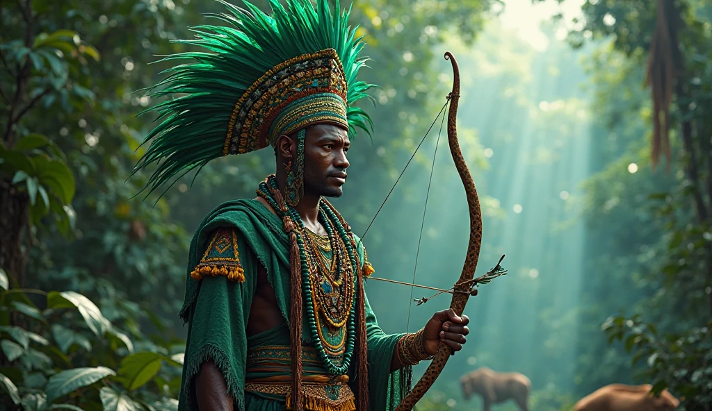 Oshosi Hunter dressed in blue and yellow ankle-length pants with African necklaces and with a bow and arrow with a hat made of bird feathers