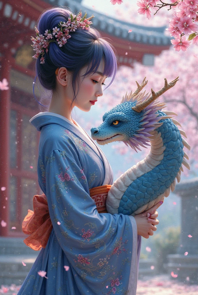 Dragon God in the background、Kimono is a gradation of blue and purple、Princess Seoritsu、God of Japan、Fantastical