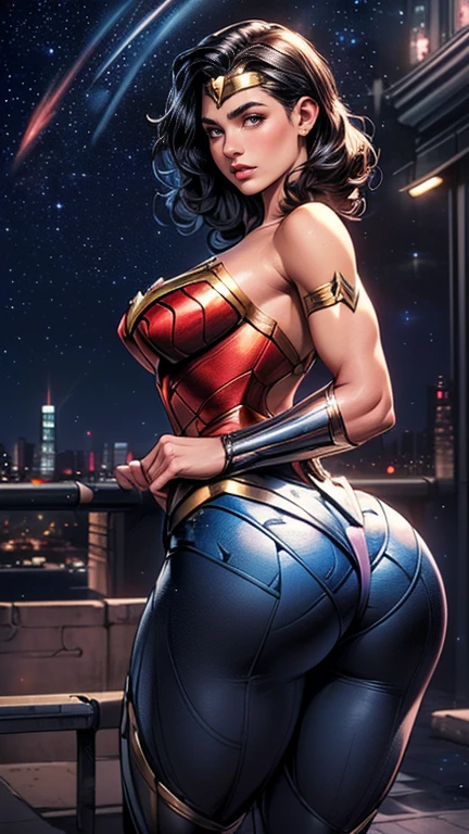 Wonder Woman with a young face, sexy body, she has a tight outfit, her bust measurement is 150cm, her waist is 60cm, she has a round butt, along with there,her breasts leaking milk,curved back,white skin,Full chubby face,blue eyes, red lips,hip lips,her breasts are extremely large, looking towards the viewer and sticking her tongue out, Around her are bedrooms,curved back,View from behind, Back pose, Buttocks emphasize curves,viewer from behind