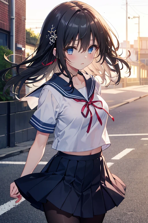 scowling face,cowboy shot,thin legs,standing,very young girl,extremely skinny girl,front shot,flat chest,low twin tails,black hair,red ribbon,pink panty,crotch,navy colored hip length sailor uniform, navy colored long skirt,white knee socks,burst out skirt,up skirt,panty shot,panty's strain,from below,ground level shot,tiny girl