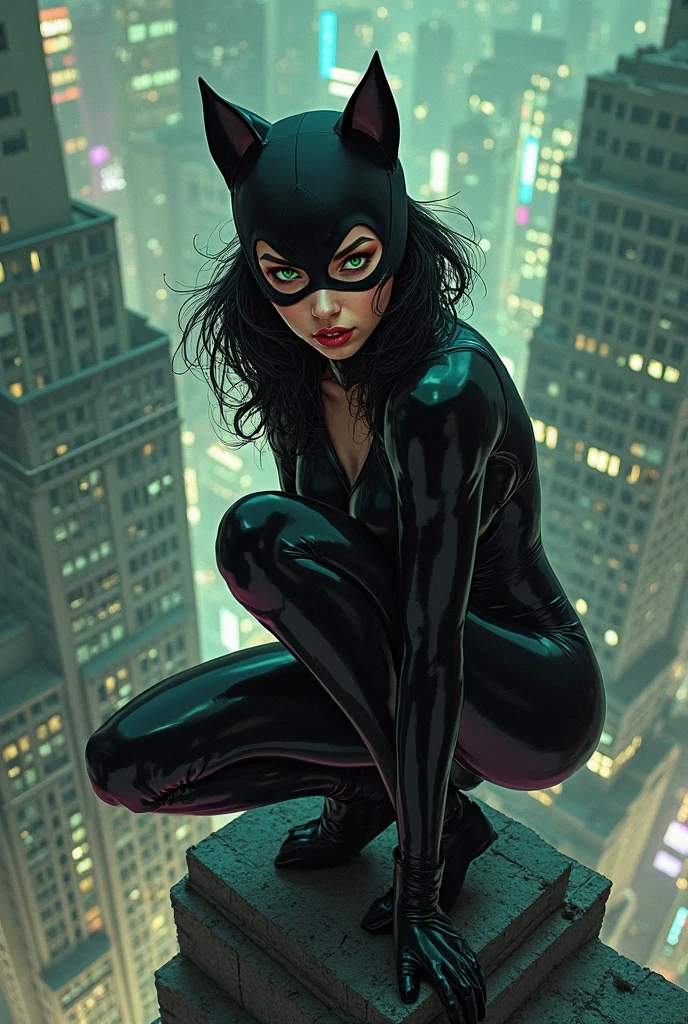 With piercing green eyes and a mischievous grin, this catwoman exudes a sultry confidence as she perches atop a towering skyscraper, her long black hair billowing in the wind.