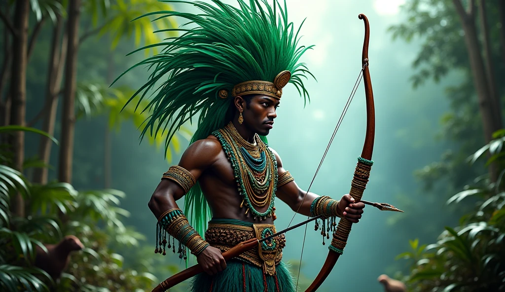 "A majestic and serene depiction of Oxóssi, the Yoruba orixá of the hunt, forests, and abundance. He is portrayed as a noble and agile African man, dressed in green and blue traditional attire, symbolizing his connection to nature and the forest. Oxóssi is holding a bow and arrow, ready for the hunt, with a quiver of arrows on his back. The background features a lush, dense forest filled with vibrant flora and fauna, representing his domain. The scene exudes a sense of tranquility and harmony with nature, highlighting Oxóssi's role as a protector and provider."