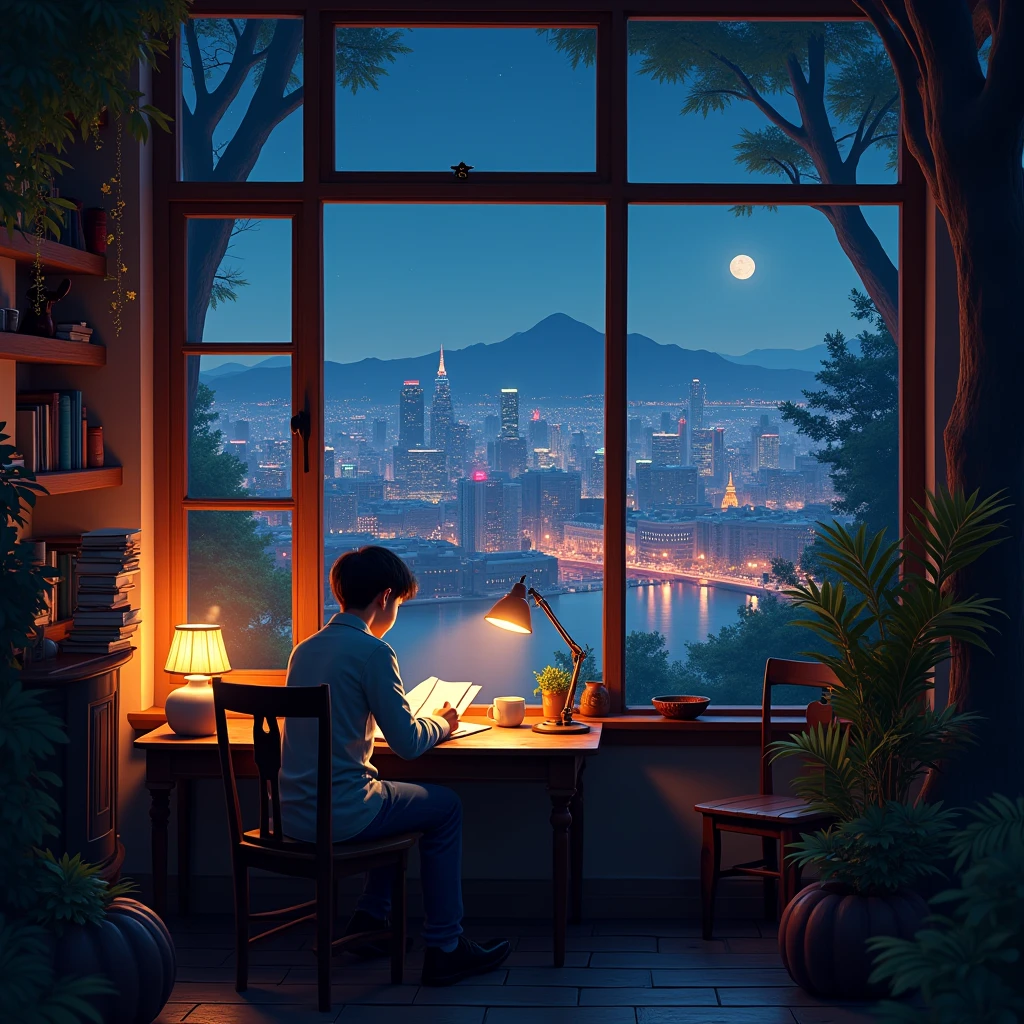 Nighttime and urban ( illuminated city, janelas, luz de neon)
Cozy and homely (café, livros, A study table)
Natural and quiet (paisagens, montanhas, rios)
