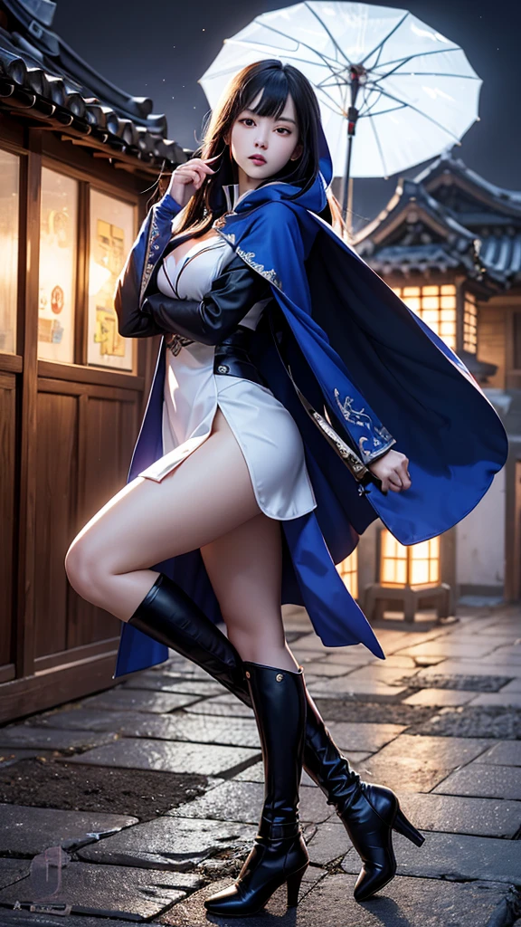 South korea assassin women mystery hooded on with modern royal Blue coat with long and wide sleeves with buttons and royal Blue cape and very high white heel over the knee and white gloves, As she reveals a small secret hidden blade coming from his palm , adding to the character's mysterious and agile appearance, with small movements of air on the cape, jump from roof to roof, in summer at night under the rain,medieval south korea house. sophisticated and highly detailed, ultra hd, realistic, hyper detailed, enhanced colours, ultra sharp focus, with vibrant, rich in details High quality, gorgeous, captivating, 8k, super detailed, stunning shadows, detailed lines, blood stain on coat and gloves, corpses in the street recently murdered