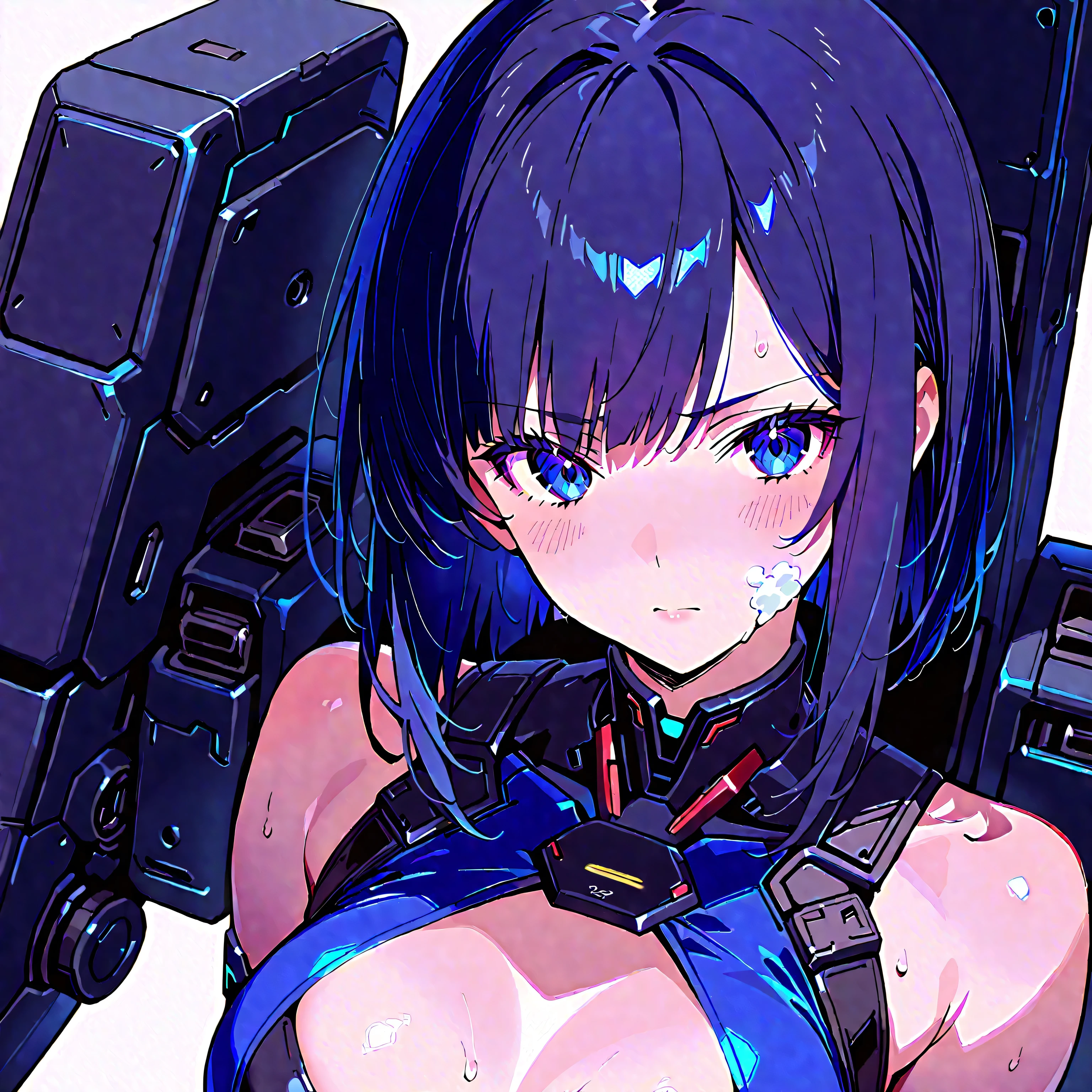 (masterpiece), high detail, 1girl, solo, bottomless, (crotch plate), groin, standing, arms at sides, mechanical arms, robot joints, headgear, purple eyes, brown hair eyes, large breasts, white background, photo booth, portrait photo