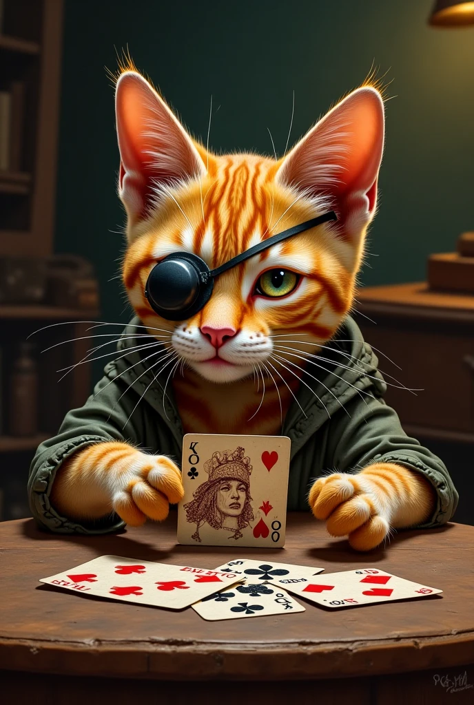 ((card game))、((5 cards))、((poker))、All the pictures on the cards are the same、((Card games))、(Highest quality、masterpiece、8k))、Anatomically correct、Very detailed、High resolution、Cinematic lighting、Realistic、((Beautiful, sparkling, detailed eyes))、Intricate details、((Dynamic composition))、Cute kitten、Big head、gambling、Eye patch