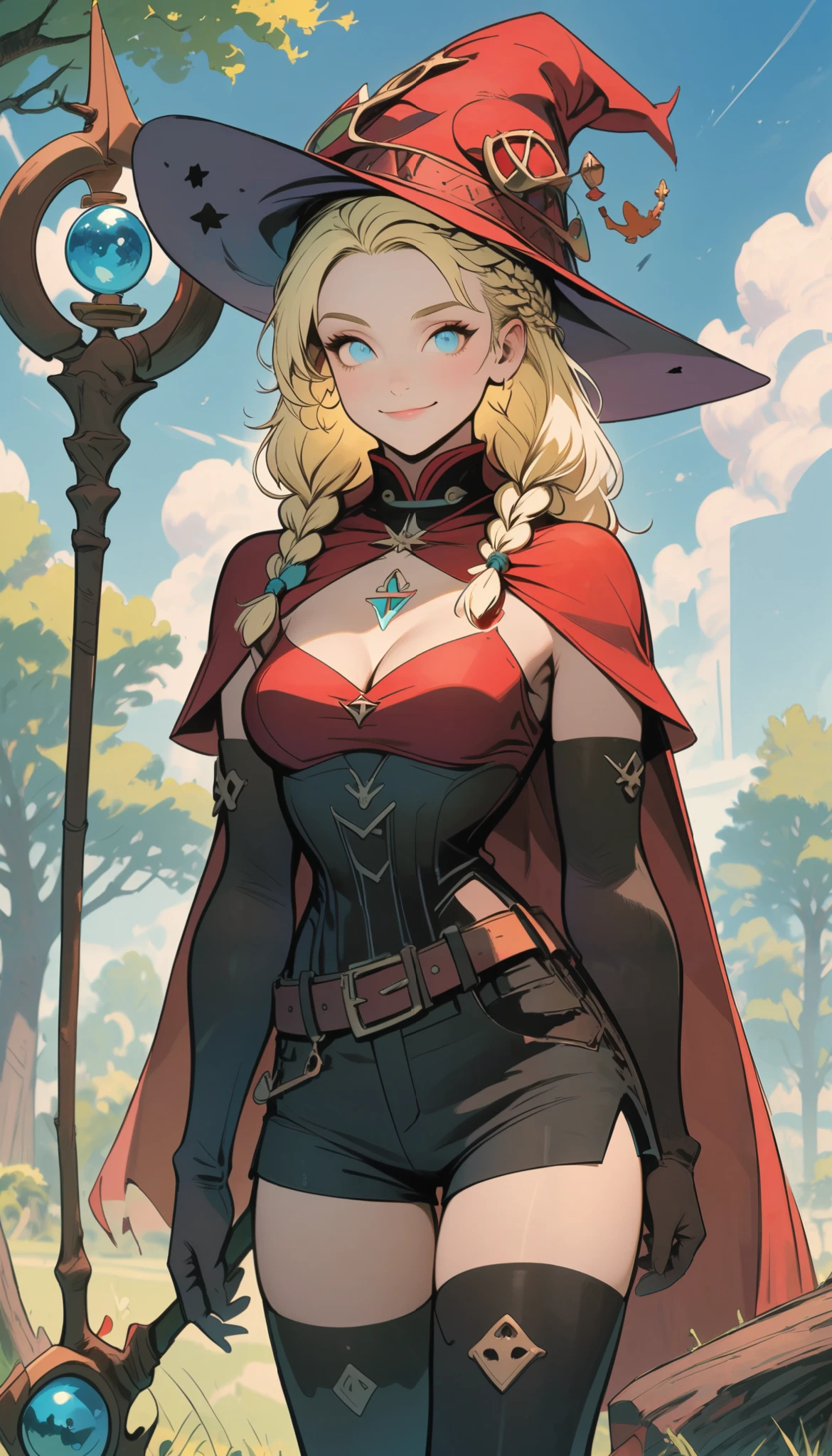 n1n1_v1, w1w1_v1, 1girl, hat, solo, gloves, staff, thighhighs, witch hat, smile, shorts, outdoors, holding, looking at viewer, long hair, braid, thigh boots, breasts, blue eyes, boots, holding staff, cape, belt, elbow gloves, black gloves, red headwear, blonde hair, sky, day, medium breasts, closed mouth, black shorts, cleavage, standing, cloud, parted bangs, twin braids, short shorts, blue sky, cleavage cutout, brown gloves, red cape, tree, black thighhighs
