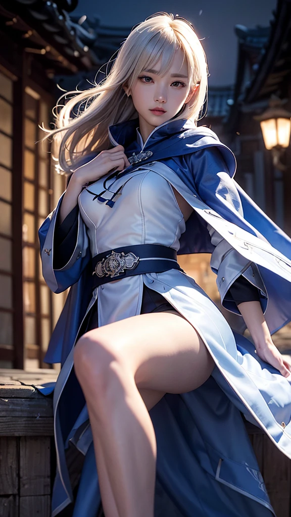A female idol covered in a fantastic blue lightning skull、full body Esbian、、Lightning-covered miniskirt kimono、blue thunder skull、a blond