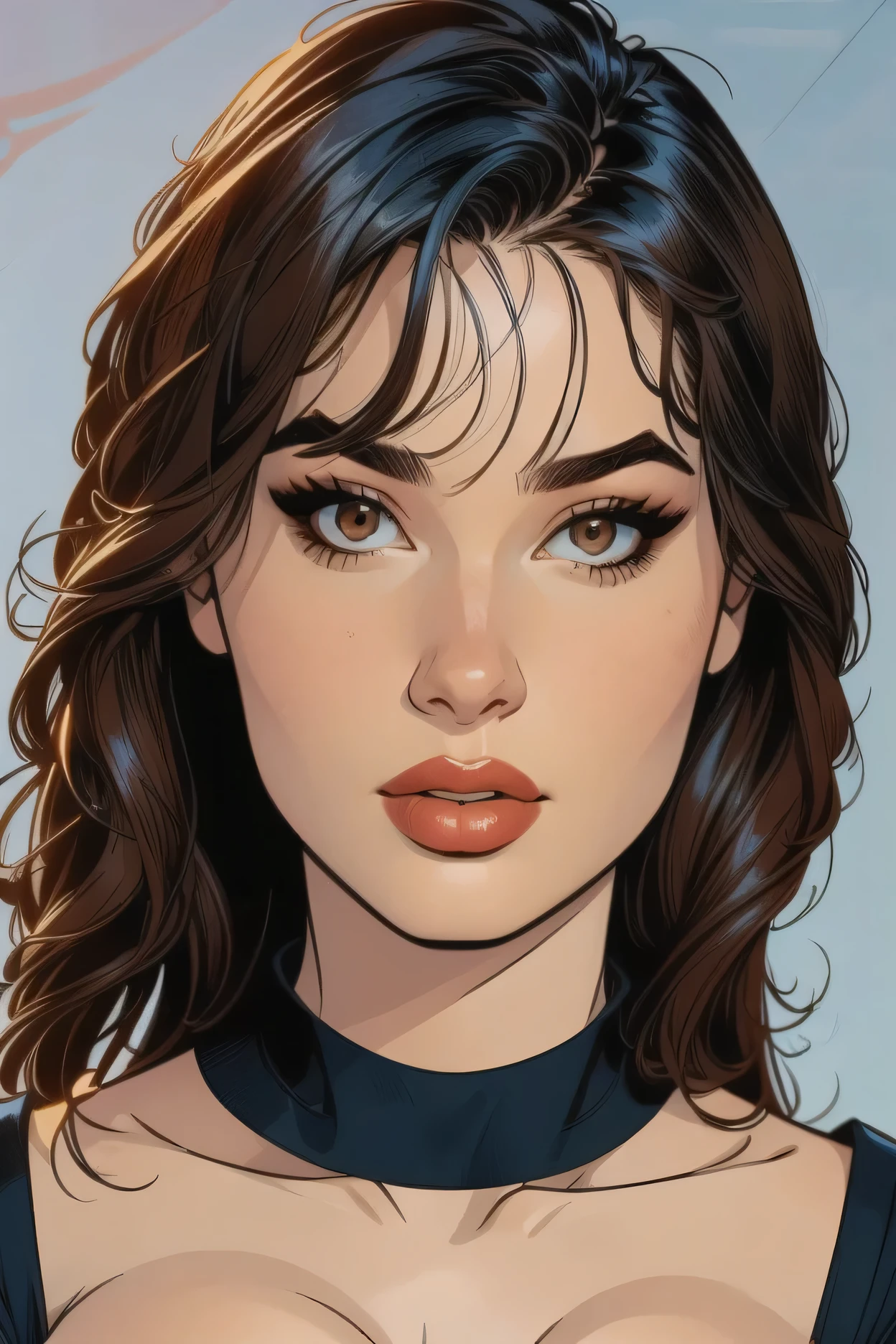 perfect face, feminine, black hair, black eyebrows, brown eyes, thin lips, dark blue shirt, (large breasts:1.2)