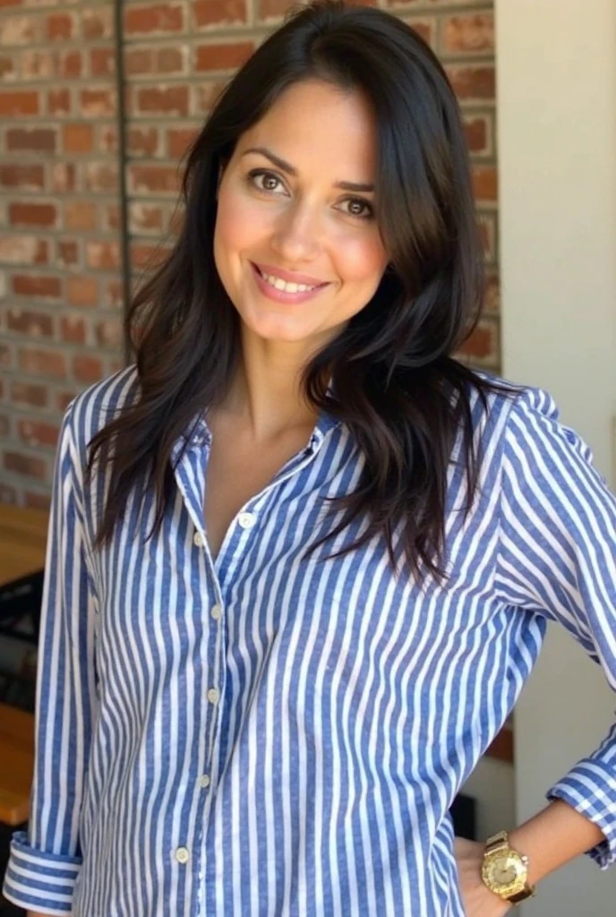 smiling woman in white shirt and blue pants standing outside of a store, about 40 years old, 40 years old women, 40years old, (38 years old), 40 years woman,