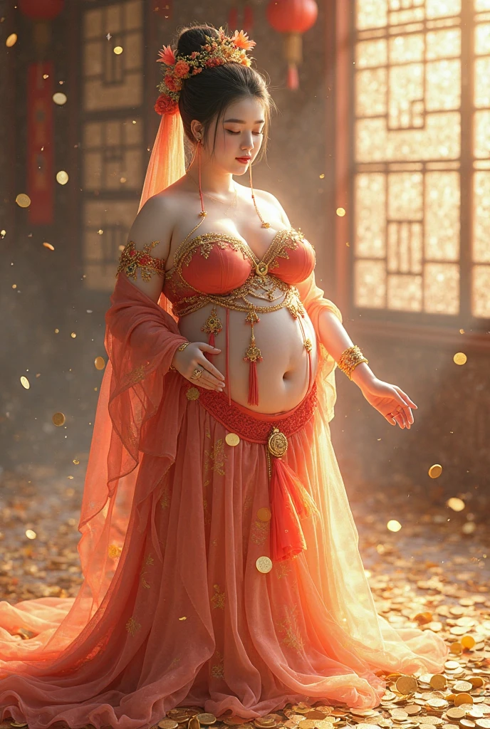 ((top-quality、masutepiece、8K、Top image quality、Highly complex and detailed depictions))、(The most gorgeous Chinese prostitute goddess:1.5)、Pregnancy、Chinese garrison house at night、((The most gorgeous prostitute goddess huge costume、the most vivid and luxurious costumes、big long costume、The most luxurious and huge garrison、An unimaginably luxurious garrison、purple and pink garrison、Depicted with a huge and luxurious garrison in the background、Huge guruhouse at midnight、Very complex decoration、very clear garrison))、(View me、Bewitching smile、Perfect makeup、long eyelashes、pink lipsticks、Pink eyeshadows、perfect anatomia、Biggest smile)、(A clear background of a huge garrison:1.3)
