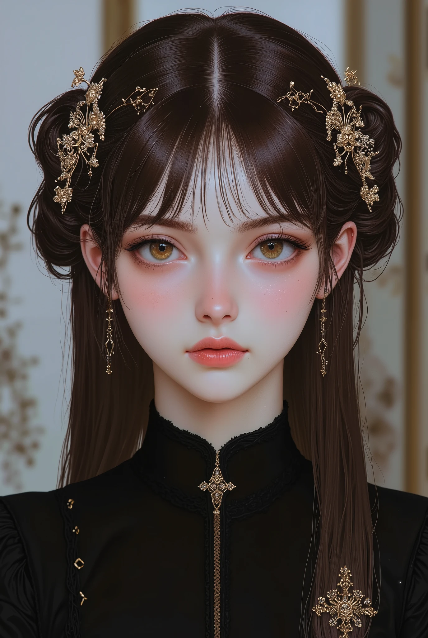 Girl, long straight brown hair, olive eyes, sharp features, white skin, bright pink lips, beautiful, perfect, elegant, wearing a black school uniform, high quality resolution, bright colors.