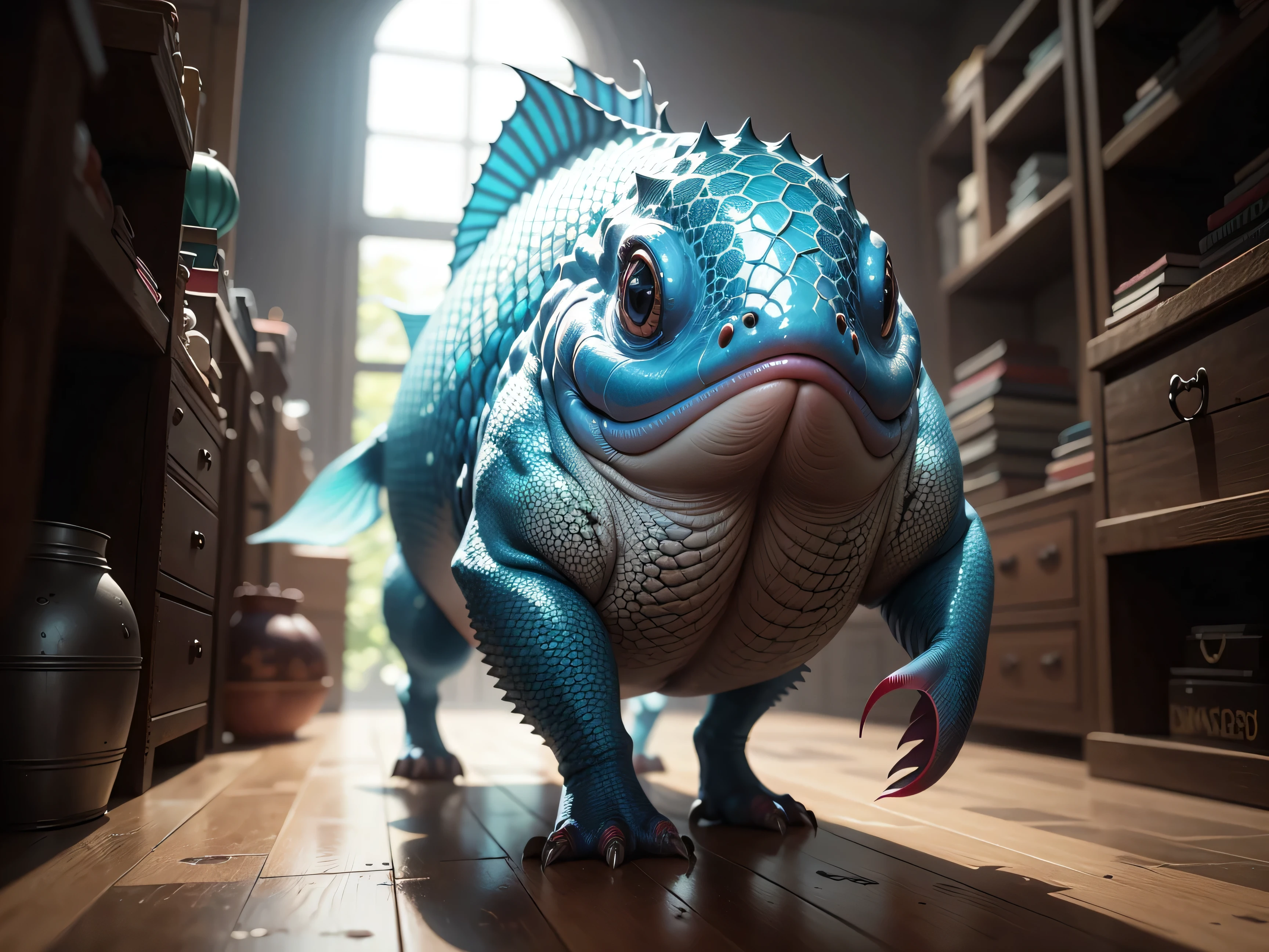 create an creature based of walking fish,
masterpiece, 8k, ultra realistic, breathtaking, detailed scales