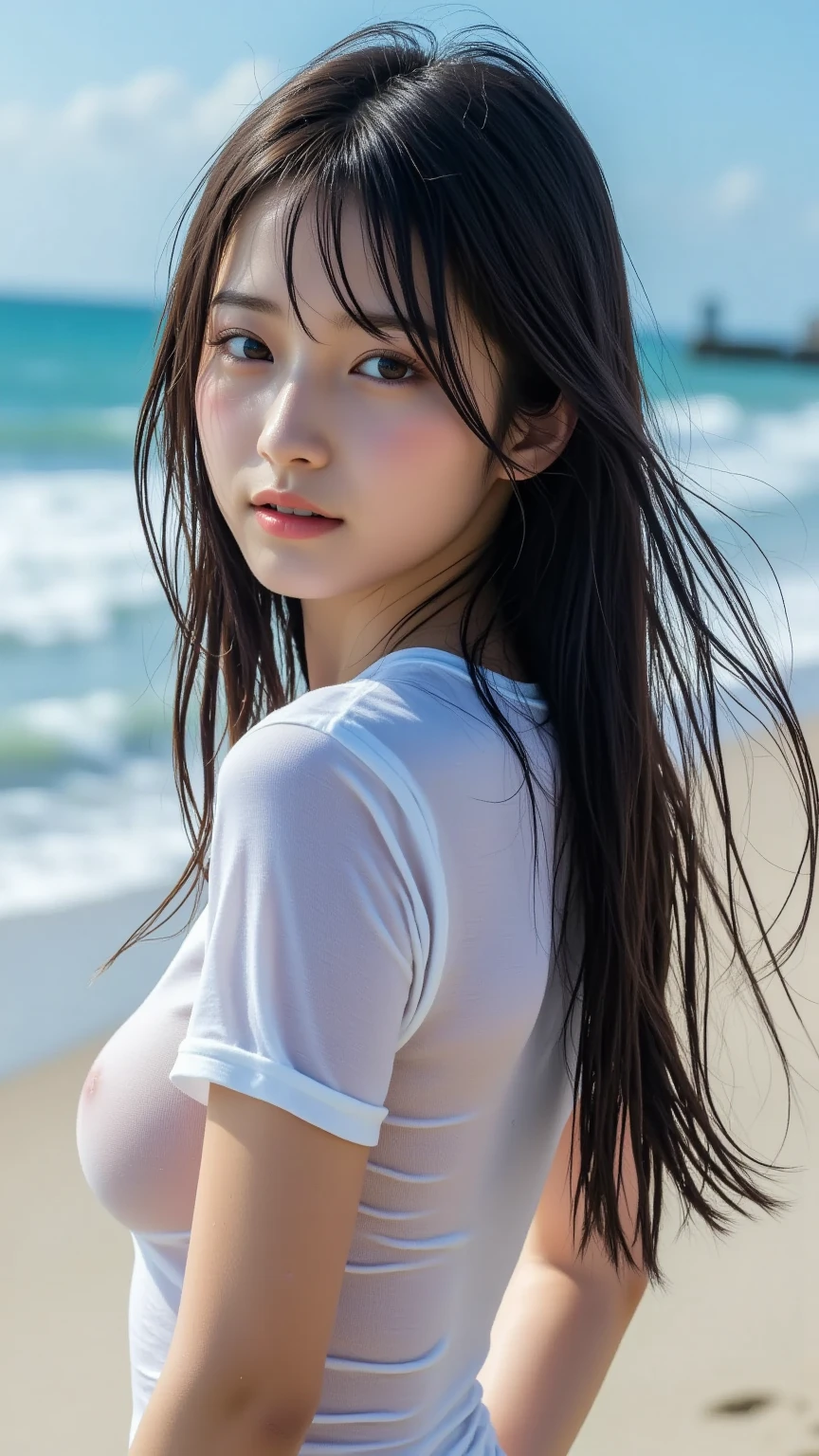 a lot of details, (slender waist), 30 years old, detailed black hair, beautiful detailed hair, super fucking beautiful, complex details beautiful and delicate eyes, perfect hands, (small breasts best quality), perfect and delicate limbs, detailed skin, best quality, ultra-detailed,
from below, female focus on, (A scene where people are enjoying surfing by riding the waves on a surfboard:1.2), (drenched:1.2), Fluttering long hair, laughing, one-piece swimsuit, half decorational vertical border in the middle cloth, (white Clothes), ocean, sparkle,