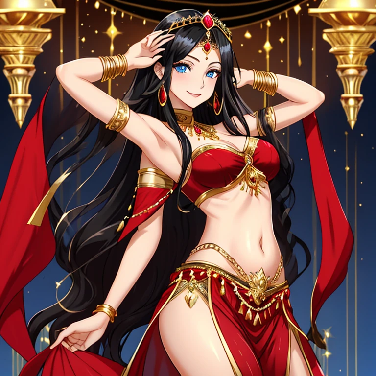 portrait, adult beautiful woman, brown hair, large breasts, high quality, best quality, HUD_2_BllyDncr, gems, red bra, arm band, anklet, long chiffon skirt, belt, jewelry, <lora:HUD_2_BllyDncr:0.6>, a rich Arabian room filled with extravagant golden decor, dancing