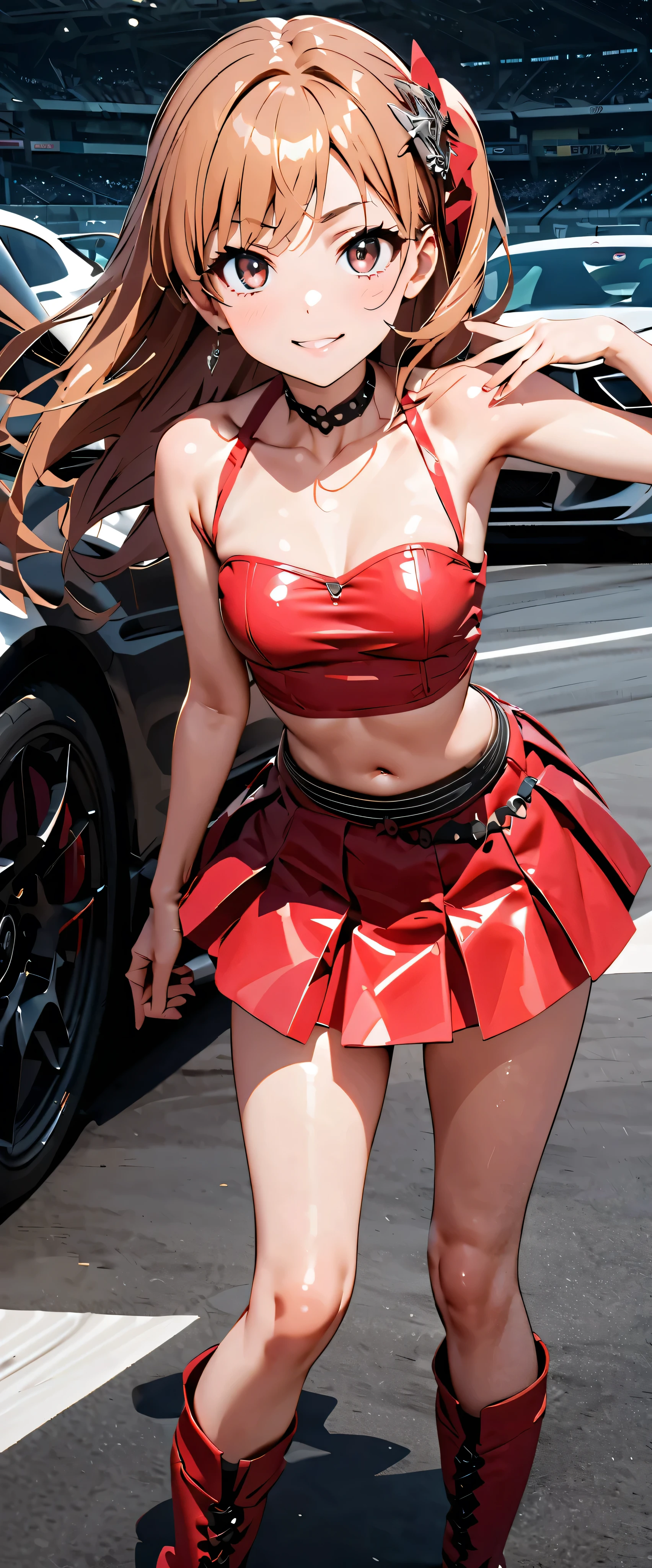 top quality, ultra high definition, 1 person, small breasts, Black Choker, smile, exposes your shoulders, just focus , Viewer,white skin,Car Race Track, photon mapping to Viewer, Physically Based Rendering, RAW photo , very detailed background, K-pop idols , is written in depth, hair ornament, detailed face, Glowing Skin, game cg,full body, shiny micro mini skirt ,shiny micro tube top,shiny knee-length long boots , lace queen with her ,Medium Bust, Sexy Poses, tall and low sports cars,gross lips,Shirai Kuroko