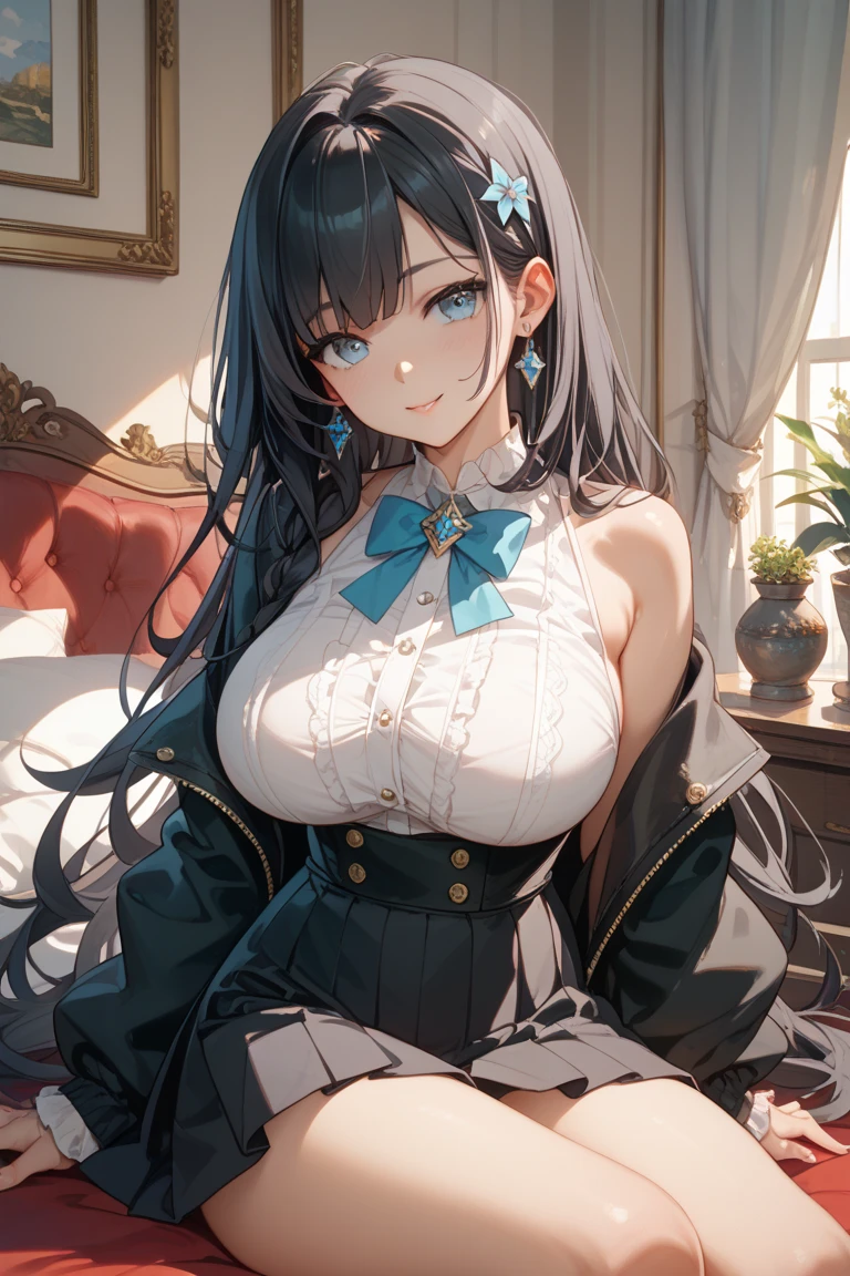 best quality, extremely detailed, anime style girl, long hair down to the waist, straight hair, dark black hair with bluish,crown braid,beautiful detailed eyes, pinched eyes, dark blue eyes, gradation eyes,huge breasts,((((English noblewoman's clothes)))),Luxury English hats,English like café,sitting on a chair,