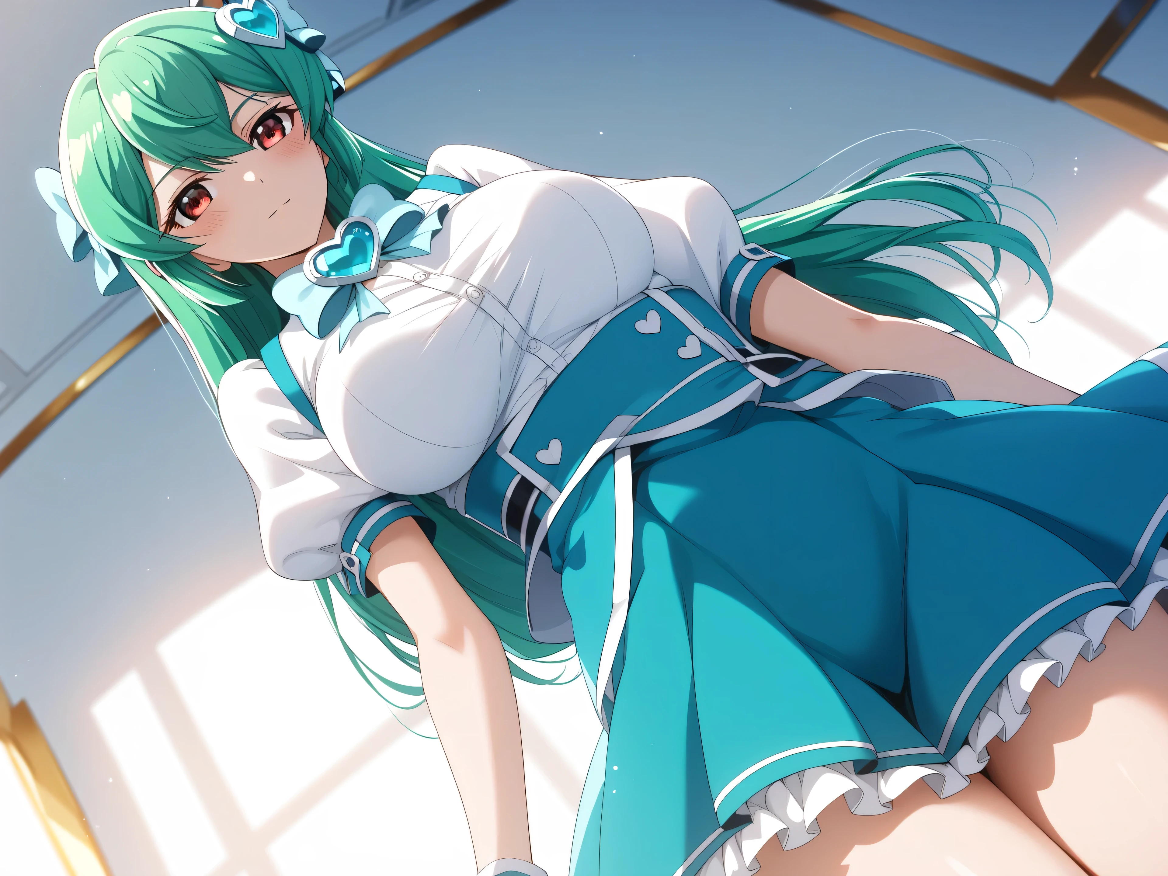 master piece、Best Quality,Super detailed,High resolution,Extremely detailed CG,Unity 8K Wallpaper,weat,score_9, score_8_up, score_7_up, score_6_up, score_5_up, score_4_up, source_anime, MinakamiSayo, 1girl, solo, breasts, Green Hair、Red eyes,shirt, large breasts, dress, jewelry, white shirt, short sleeves, heart, puffy sleeves, bowtie, puffy short sleeves, heart brooch,mini skirt,anime coloring,