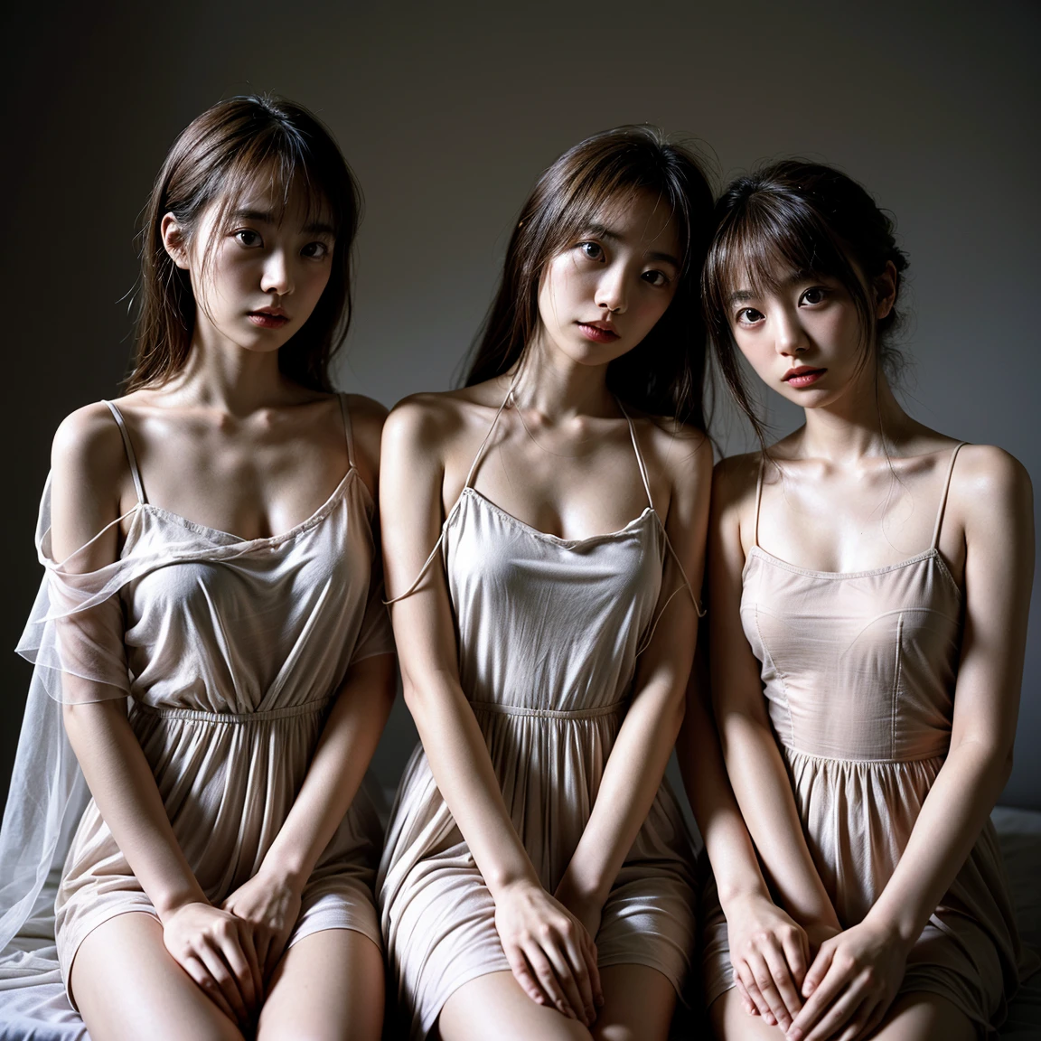 (Masterpiece:1.3), (8K, RAW Photos, Highest quality: 1.4), Beautiful Face, Beautiful hairstyle, Beautiful attention to detail, Beautiful Skin, Absurd, Charm, Ultra-high resolution, Very detailed,Browsing Caution, Three girls in an abandoned basement, Large Breasts,Face close-up,necklace,Put your arms behind your back,Wicked Smile,knife,bright long-haired, Very detailed肌,Heavy makeup, Flower Hairpin, naked,Colorful patterned lace dress, dirty ground,bondage,Half Body,Sitting on the bed
