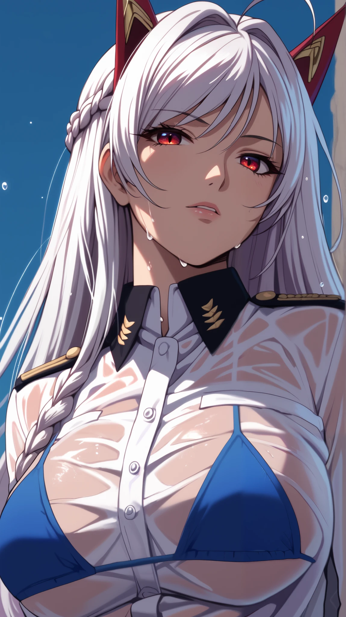 vampire moka akashiya, long hair, red eyes, ahoge, ((white hair)), large breasts, helmswim, braid, headgear, see-through, bikini under clothes, blue bikini, military shirt, white gloves, military shirt, wet, upper body,