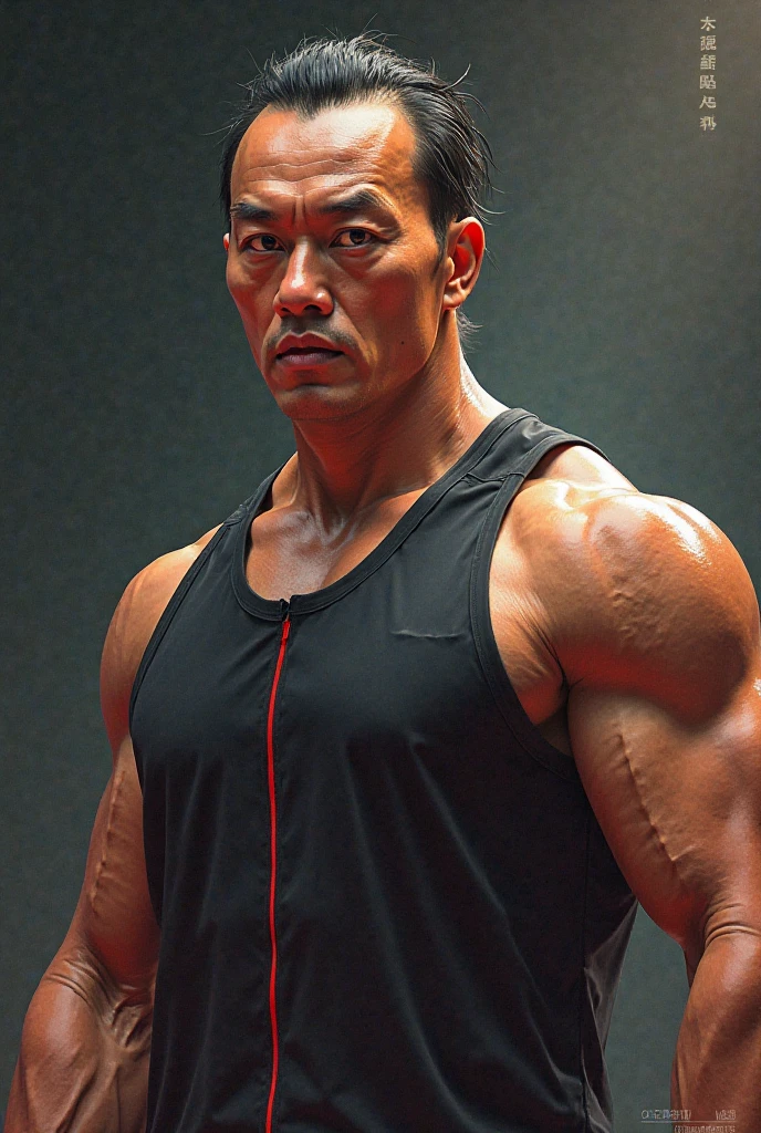 a portrait photo of, Wallace Huo and TOP BigBang mix headshot as a weathered 40-year-old man, ugliness, Hideous, lanyard, broad shoulder, well built, rugged, short copper black-colored hair, Hair tied in a loose ponytail, Widow's peak,Whole body muscles ,Confident expression, intense stare, full bodyesbian,Beardless, dresses polite, wear a vest and a tie , full body in picture