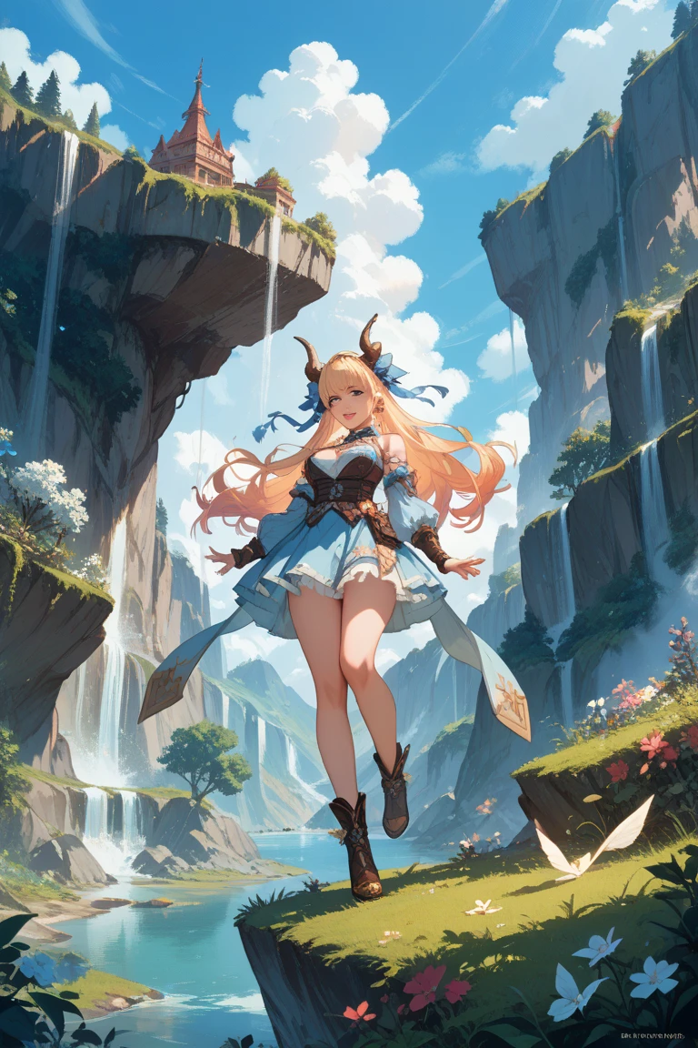 solo, mare,confident, grin, looking at viewermagic,coloful,cute,pretty,masterpiece,4k,beautiful,detailed,smile,feminine,thin,faun,13 years old girl,blond haired girl with horns and green leaves on her head, detailed digital,loish and wlop, cute detailed digital art, adorable digital painting, digital illustration, fanart best artstation, inspired by WLOP, artwork, hyperdetailed fantasy character,full body,satiro legs