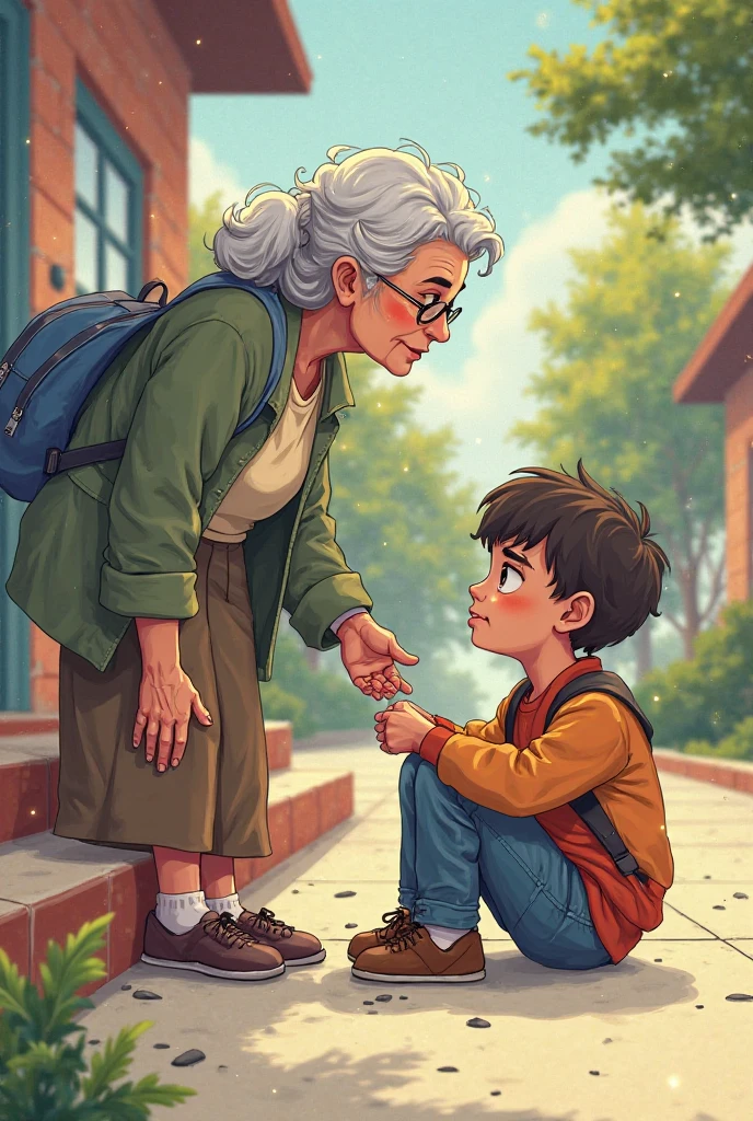 illustration. Only the margins of the drawing are traced. boy, returning the wallet to an elderly lady