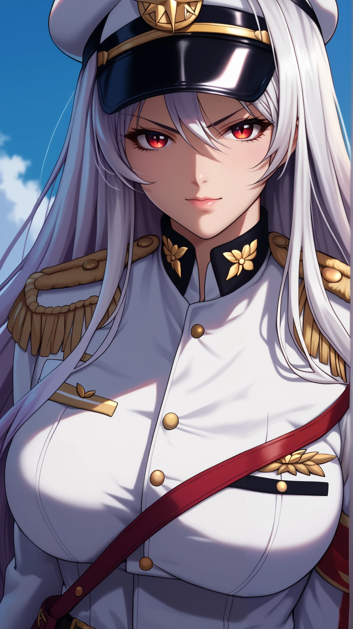 vampire moka akashiya, long hair, red eyes, ahoge, ((white hair)), large breasts, helmdef, peaked cap, epaulettes, military uniform, white jacket, armband, white gloves, belt, white shorts, thighs, upper body,