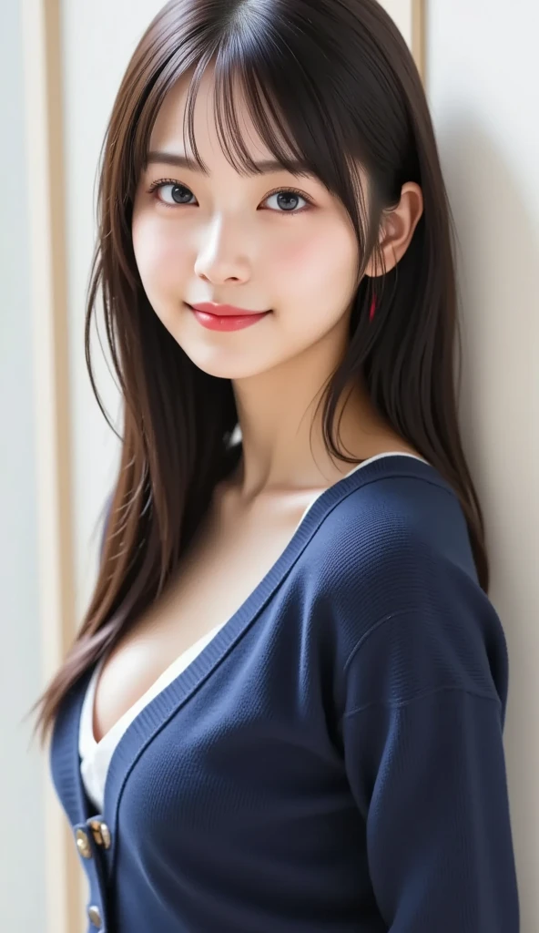 ((highest quality、Masterpiece、High resolution))、(((Zoom photo of upper body、Black Hair)))、(A shy smile:1.2)、One 15-year-old female、Beautiful Skin、Beautiful Eyes、Large Breasts、blazer、shirt、Trimmed bangs、Semi-long hair