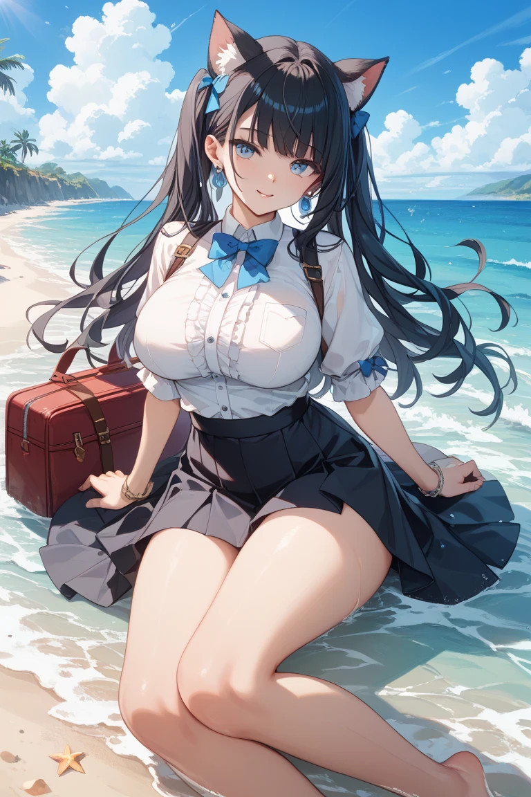 A white shirt with all the buttons fastened、Her braless breasts are faintly visible through her buttoned-up white shirt、Blue flared skirt、She lifts her skirt with both hands to reveal her cute white lace underwear.、A girl with long, shiny black hair and glasses、barefoot、whole body、Sandy beach and blue sky