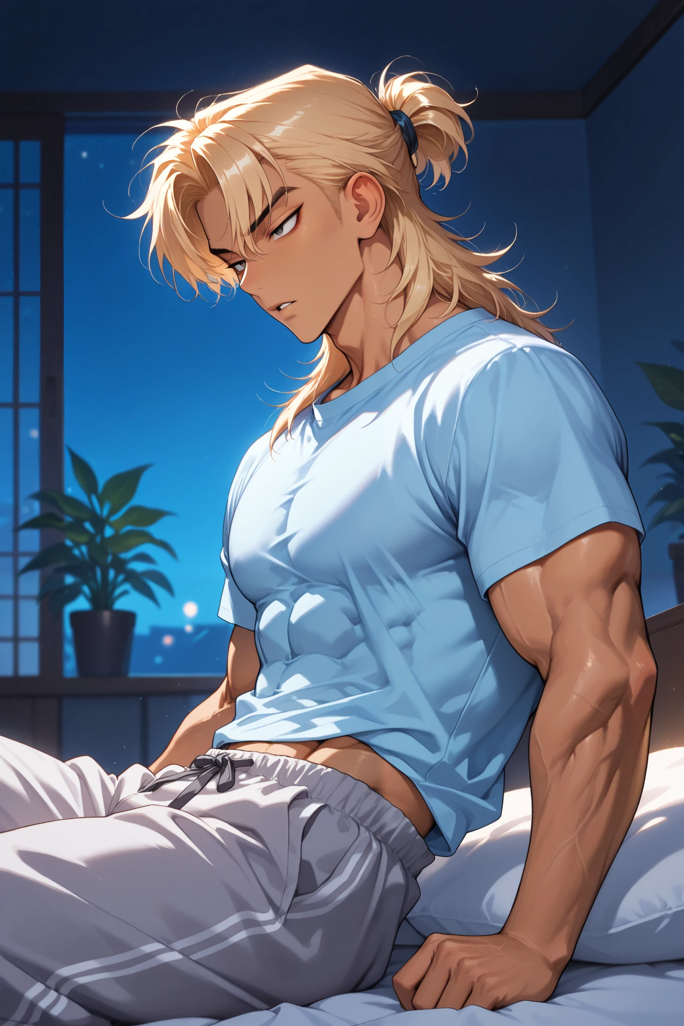 (Masterpiece, absurdres, topquality, mj manga) 1boy, solo, maturemale, handsome, bishounen, tsurime, blond hair, ((mullet hairstyle)), ((brown skin)), blue, sharp eyes, muscular, pecs, biceps, defined abs, big butt, full lips, ((baggy white shirt)), ((baggy grey sweatpants)), japanese style, bed room, plants, ambient lighting, (night), sleeping, fetus position, from side, snoring, front view