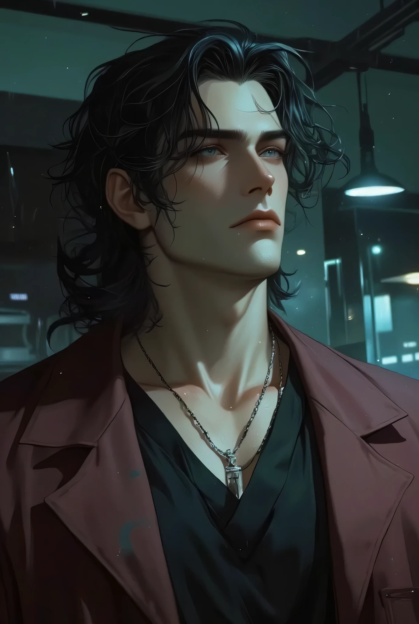 MALE, ((blue eyes)), ((black hair,Dreadlocks – Rope-like sections of hair twisted )), ((wearing maroon surgical coat)), ((black inside shirt)), ((dark undereyes)). Adult male, broad shoulders (close up face), ((high quality)). ((TAN SKIN)), ((sideview, looking up)), cool lighting hues. Night time. Inside dimly lit room. Menace expression.