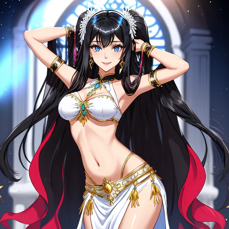 Masterpiece, Best quality, Beautiful girl, Beautiful face, Dancer, Luxurious clothes, Decorations, Stage, Abs, Big breasts, Cleavage, Sexy,