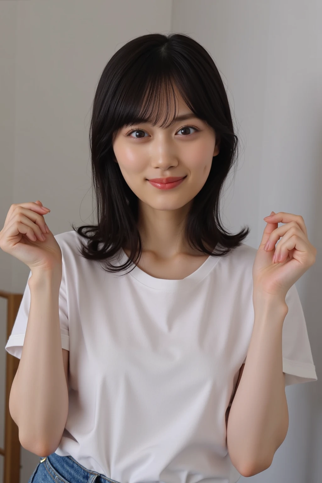 (High reality photograph, high resolusion, detailed face, detailed eyes) Skinny Japanese lady, 40 years old, wife, cute face, various face expression, solo:1, lovely body, skinny figure, small breasts, very thin waist, various hair style, white T-shirt, emphasizing breasts