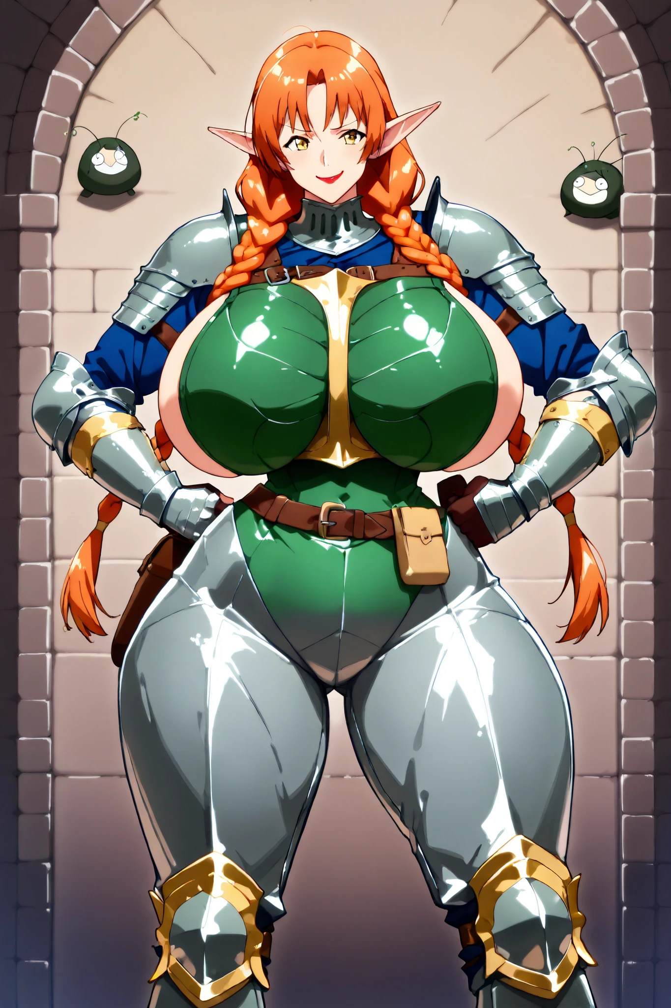 Tomboy, Full Armor ,Large Breasts, whole body, Redhead, smile, boots　Breast exposure no bra