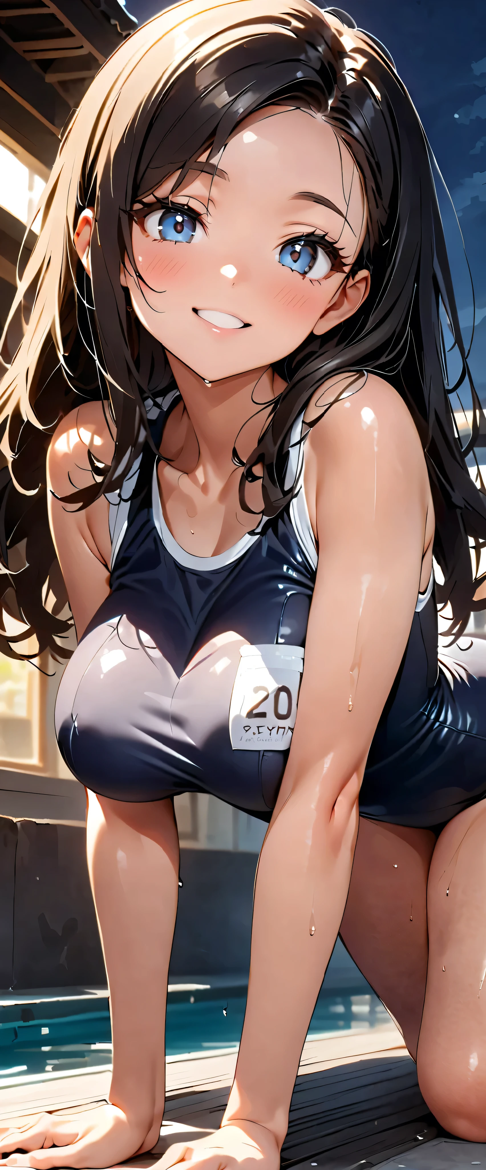 (masterpiece,top quality,Ultra A High Resolution),one Japanese woman, ((( very beautiful 20 year old girl))), cute girl、View Photographers、 ((smile)), super cute face , glossy lips, both eyes double eyelids,自然なsmile、 natural cosmetics, long eyelashes, smooth and shiny hair 、【Image Center, perfect limb that wraps around the body, perfect anatomy,((cute and sparkling school swimsuit)))、,(Wet),pool,,((on all fours))big breasted,