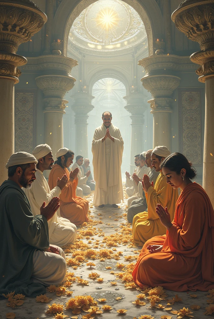 Samudragupta offering his respects to different religious leaders, symbolizing his policy of religious tolerance."