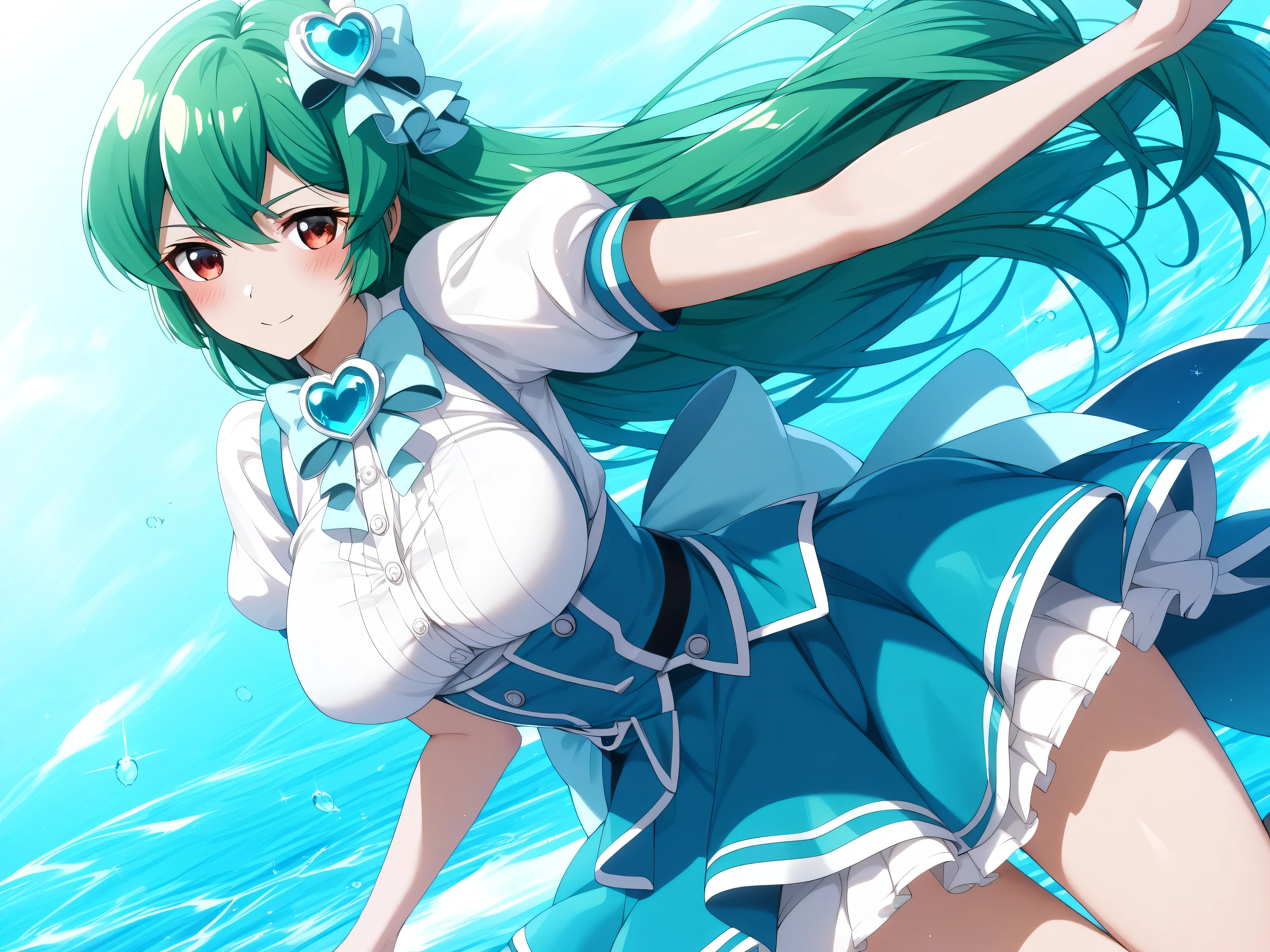 master piece、Best Quality,Super detailed,High resolution,Extremely detailed CG,Unity 8K Wallpaper,weat,score_9, score_8_up, score_7_up, score_6_up, score_5_up, score_4_up, source_anime, MinakamiSayo, 1girl, solo, breasts, Green Hair、Red eyes,shirt, large breasts, dress, jewelry, white shirt, short sleeves, heart, puffy sleeves, bowtie, puffy short sleeves, heart brooch,mini skirt,anime coloring,