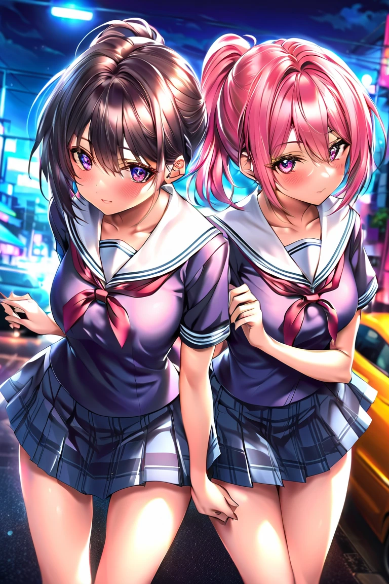 high-angle shot、Center view、Two arafe asian women in short skirts and bow ties standing on neon street in the middle of the night、Phenomenally cute 、Japan Girl Uniform、summer clothing、Wearing Japan 、Japan School Uniforms、a hyperrealistic 、Dressed as a 、a hyperrealistic 、Wearing a uniform、Girl in Uniform、Wearing a uniform、 Pose、full body Esbian、Nice skin、glistning skin、lovely thighs、glowing thigh、Sparkling leg rack above knee socks、High School in Japan 、Nogizaka Idol、Korean Idol、Invite you inside、Inviting eyes NSFW