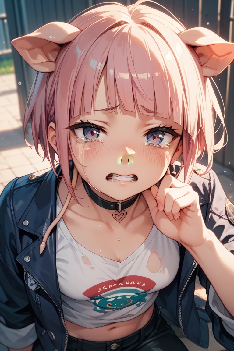(best quality,4k,8k,highres,masterpiece:1.2),ultra-detailed,(realistic,photorealistic,photo-realistic:1.37),A magical girl with short twin-tailed pink hair, a kindergarten girl, crawling on all fours, being walked by a dog, wearing a leash with a collar. She looks frustrated due to the power dynamic reversal, being controlled by the large dog. The scene depicts bullying and public humiliation. Her face shows ahegao expression, expressing both pleasure and anguish. She is being spanked as a submissive punishment. The girl appears as a loser, covered in dirt and mud, with wet clothes. The artwork incorporates vivid colors and physically-based rendering. The overall tone is a mixture of dark and vibrant elements, emphasized by the intense lighting.