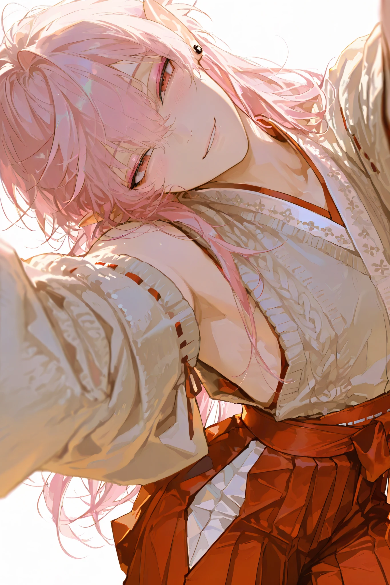 1male,handsome,top quality,high quality,masterpiece,beautiful young man, lean, 6 foot tall, miko, side boob, vampire, detailed face, Gothic, ta fashion, simple background, long hair, multi colored hair, (shrine maiden:1.2), pointy ears, visual kei style, pink hair, studs, piercings, (masterpiece:1.2),(highest quality),(super detailed),(ultra-high resolution), sub culture, cardigan, flawless smooth skin, detached sleeves, White background,high fashion, dramatic lighting, newest, male focus, adult male, perfect body proportions, heavy black eyeliner, pink eyeshadow, long messy hair, cardigan, blush, flawless smooth skin, looking at viewer, seductive smile,anticipating kiss, kiss, half closed eyes, cowboy shot, reaching out,White background,high fashion, dramatic lighting, warm colors,newest, pov, facing camera, close up, solo
