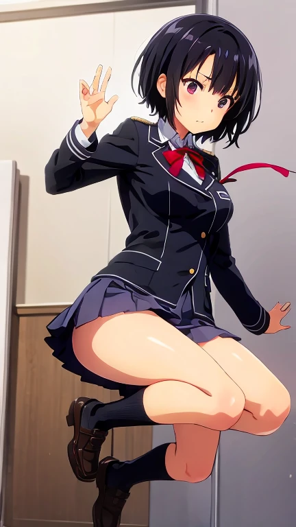 1girl in,Sitting,From below,Looking at Viewer,Tomomi_Xijing, bow ribbon, Short hair, ,red uniform,Winter clothes,Long sleeves,skirt,((tucking up a skirt)),(Skirt lift),(up skirt),((Panties)),Perfect Lighting,Best Quality,,Smile,blush,anime screen cap,Flat color,cel shading,short torso,Show off panties,pantyshot,