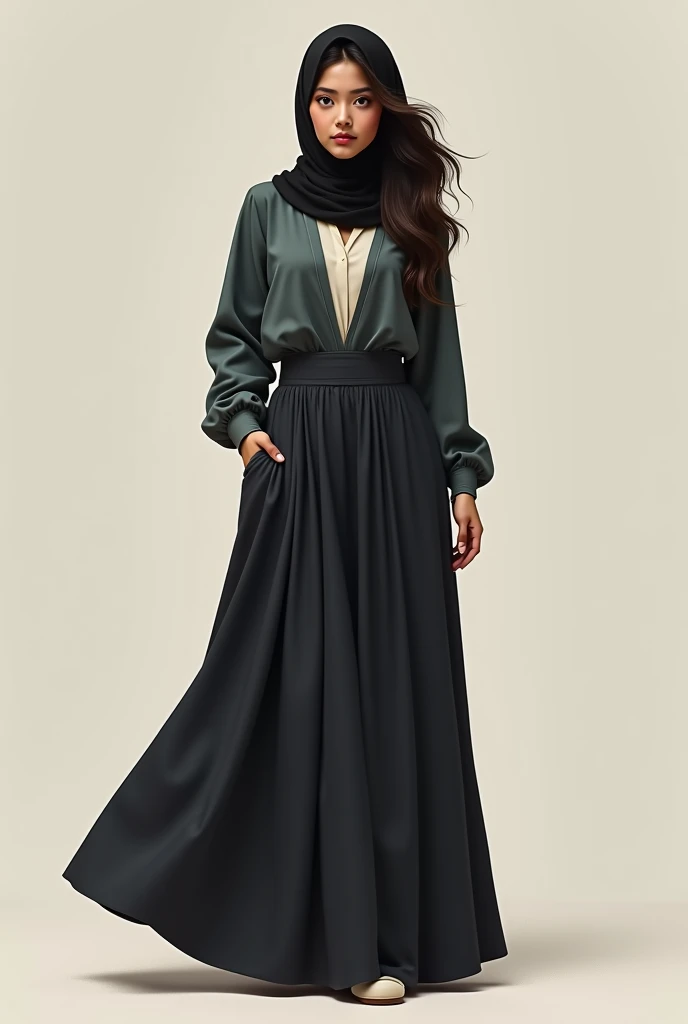 Hijab girl wearing blouse, stockings, skirt, black platform heels