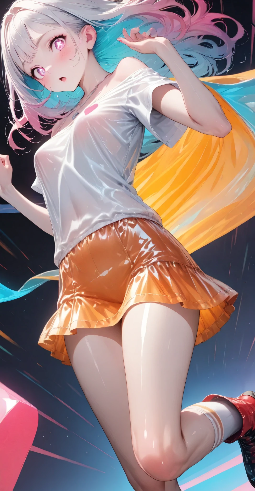 masterpiece, ultra detailed, hyper detailed, beautiful, a girl, (prism),(nsfw:0.1),(dynamic),flushing, flushed cheeks, jumping, floating, running at full speed, looking at viewer, looking back, looking away, looking down, gradient hair, colored inner hair, with sparkling eyes, with heart-shaped irises, with heart-shaped eyes, with crazy eyes, pale skin, fair skin, detailed face, detailed skin, shiny skin, slender, toned body, beautiful breasts, drop shoulder tee, undone clothing, off shoulder, mini skirt, gym uniform, school swimsuit, idol, necklace, boots, knee socks, nail polish, delicate facial features, japanese, asian, closeup shot, cowboy shot, medium shot, on left, dutch angle shot, dynamic angle, wide view, wide shot, leaping figure composition, shy, intelligent, front view, ground-level shot