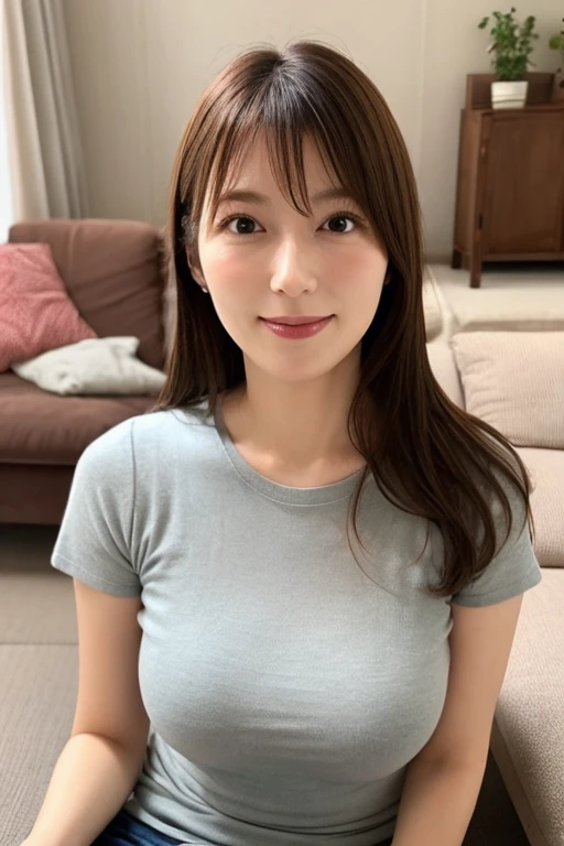 Masterpiece, High quality, high resolution, Skinny Japanese woman, 30 years old, cute face, ((detailed face, detailed eyes)), small breasts, very thin waist, slender legs, Holiday, relaxing in own home, drinking tea, reading a book