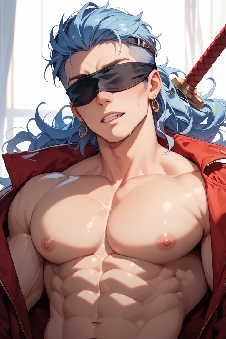 (masterpiece),((ultra-detailed)), (highly detailed CG illustration),(expressionless), (best quality:1.2),Number 1 handsome guy in the world, handsome Asian guy,bright, solo, long hair, simple background, gloves, 1boy, hair between eyes, jewelry, yellow eyes, purple hair, multicolored hair, male focus, earrings, boots, pants, fingerless gloves, tattoo, arm tattoo, armor, long sleeves, coat, bare shoulders, shoes, blue footwear, realistic, (normal background), holding sword, holding weapon, weapon, sword,The shirt between the chest and abdomen was torn, and the clothes were torn,Big muscles and firm 6-pack abs,wielding a sword and spear of golden lightning light.