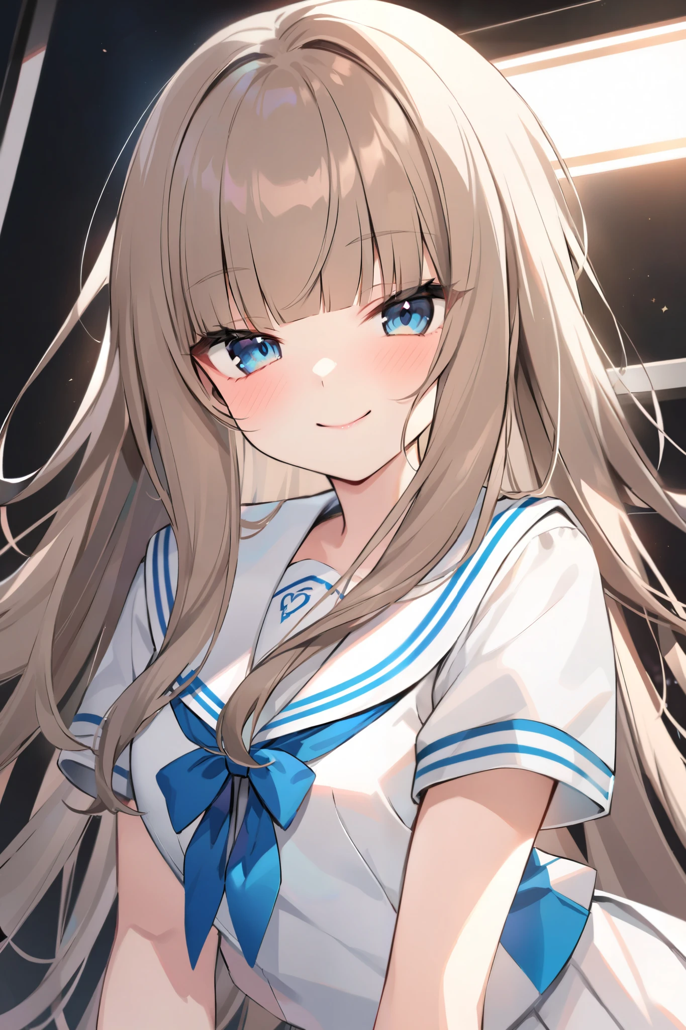 sailor suit、dark room、blunt bangs、chest length hair、whitish ash brown colored hair at the office、blue dark eyes 、are looking here、princess cut、smiling mischievously