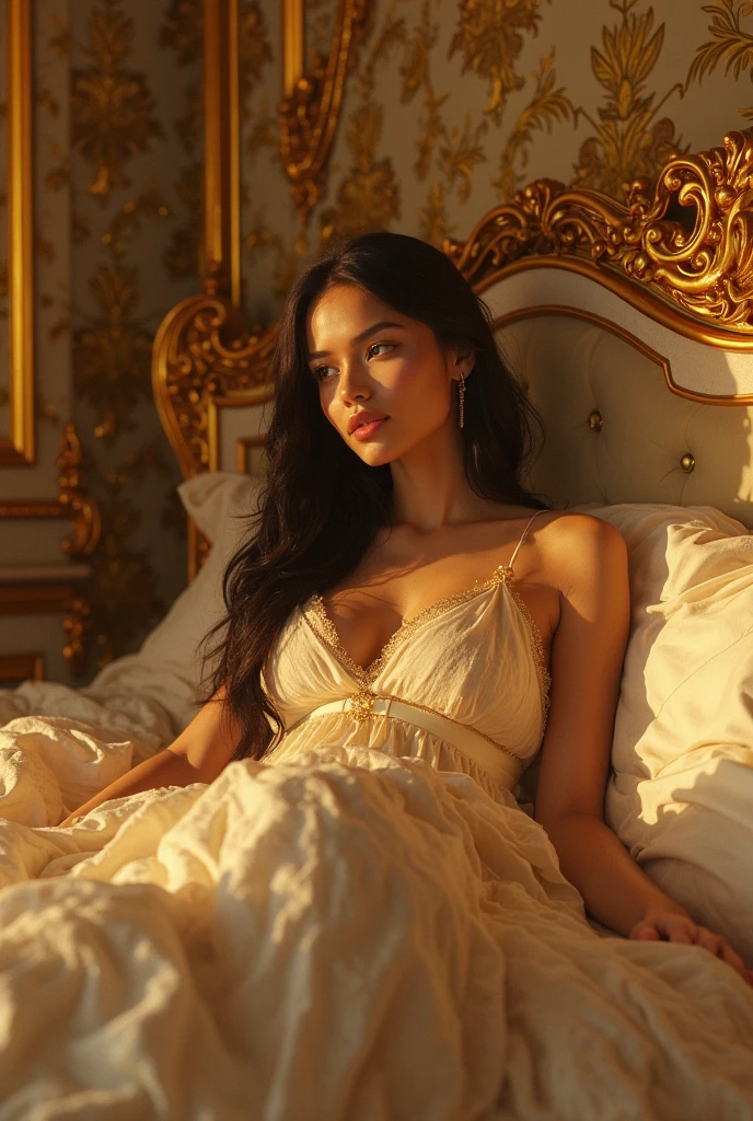 1girl,(bright lighting,romantic setting),dreamy background,,dark hair, mesmerizing gaze, , soft skin, alluring beauty, artistic portrait, high-quality image, vibrant colors,translucent long silk gown, mosquito net, lying down, romantic bedroom,
